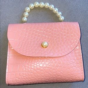 Pearl Handle Croc Embossed Pink Satchel/Crossbody